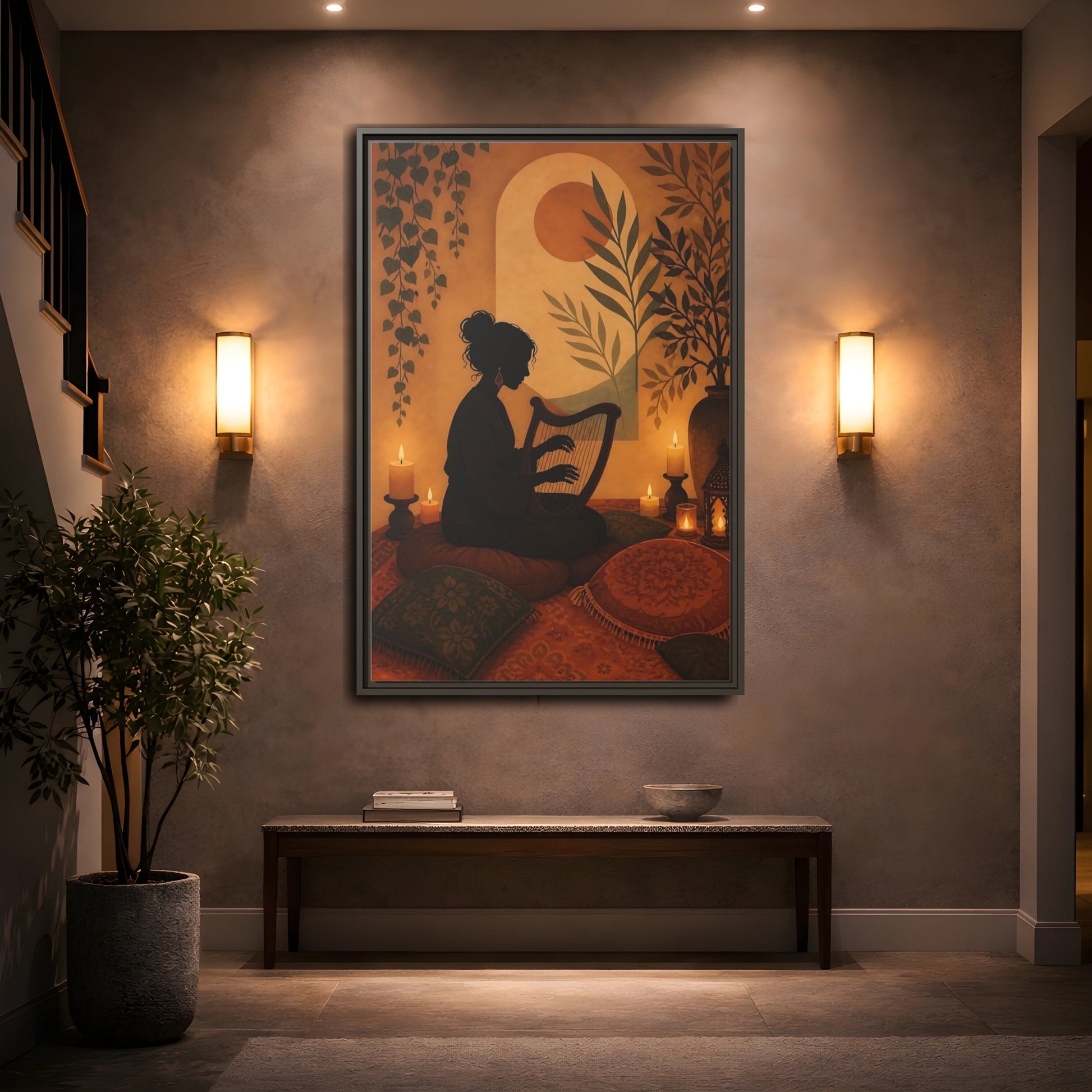 Mockup 2. Fairytale Harpist Bohemian Harpist shown as framed canvas print