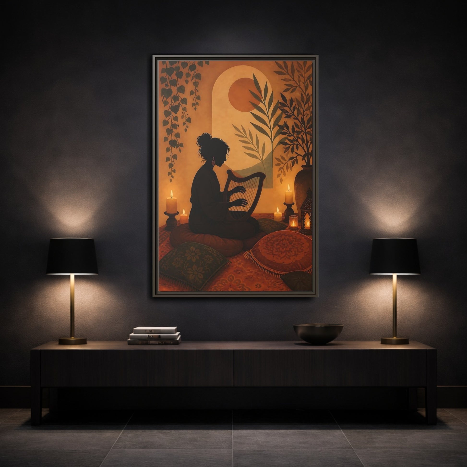 Mockup 3. Fairytale Harpist Bohemian Harpist shown as framed canvas print