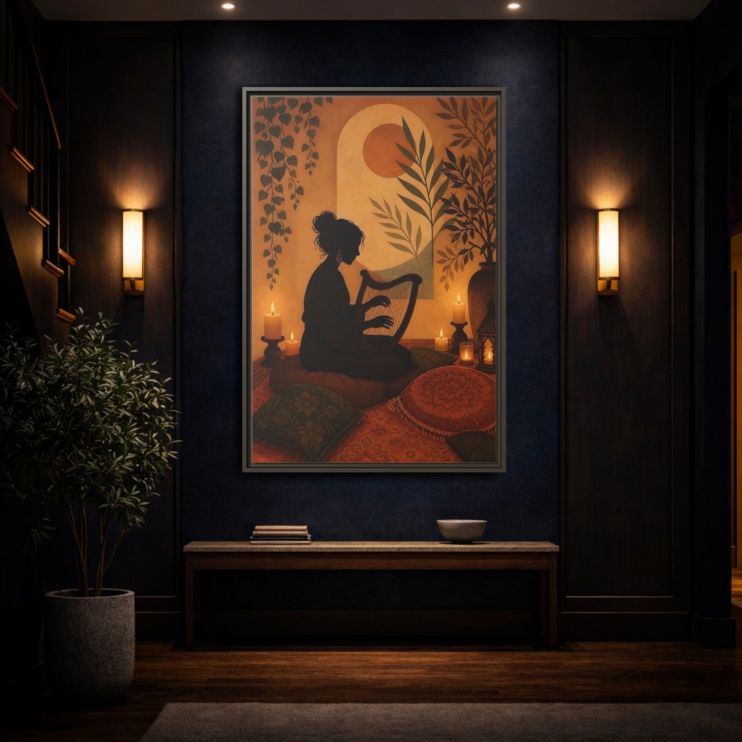 Mockup 4. Fairytale Harpist Bohemian Harpist shown as framed canvas print