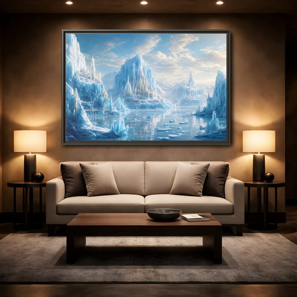 Mockup 2. Fairytale Ice Castle Blue Ice Kingdom shown as stretched canvas wall art