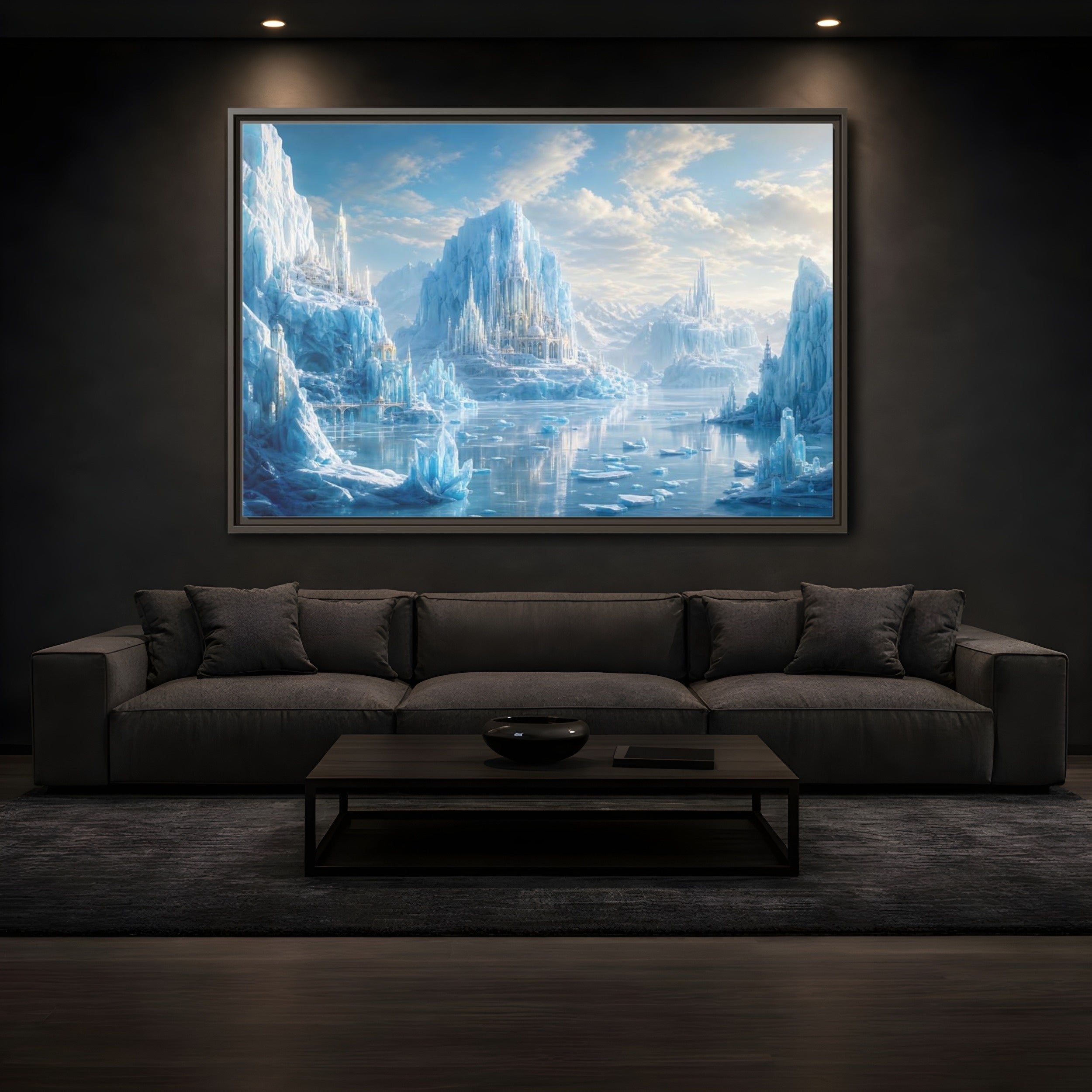 Mockup 3. Fairytale Ice Castle Blue Ice Kingdom shown as stretched canvas wall art