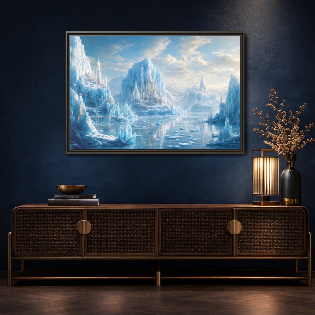 Mockup 4. Fairytale Ice Castle Blue Ice Kingdom shown as stretched canvas wall art