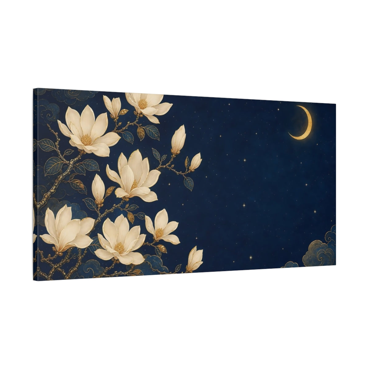 Main Mockup. Fairytale Magnolias Blue And Gold shown as stretched canvas wall art