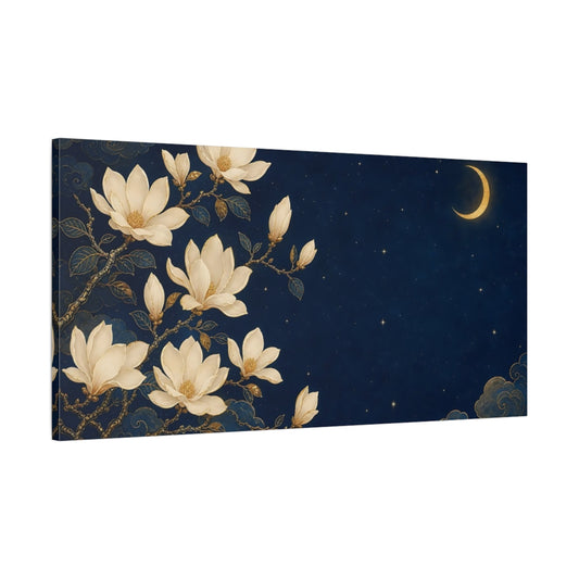 Main Mockup. Fairytale Magnolias Blue And Gold shown as stretched canvas wall art