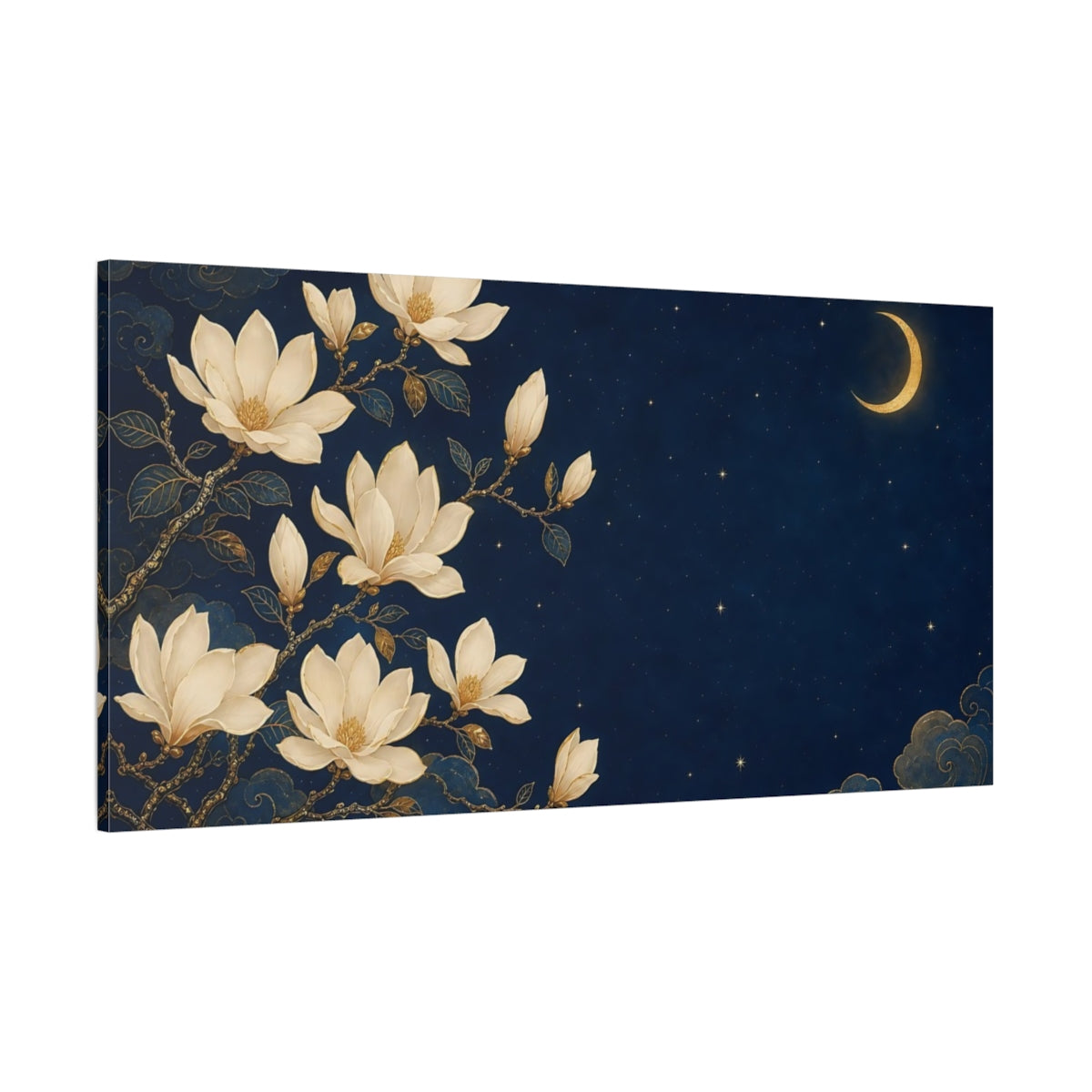 Side Mockup 2. Fairytale Magnolias Blue And Gold shown as stretched canvas wall art