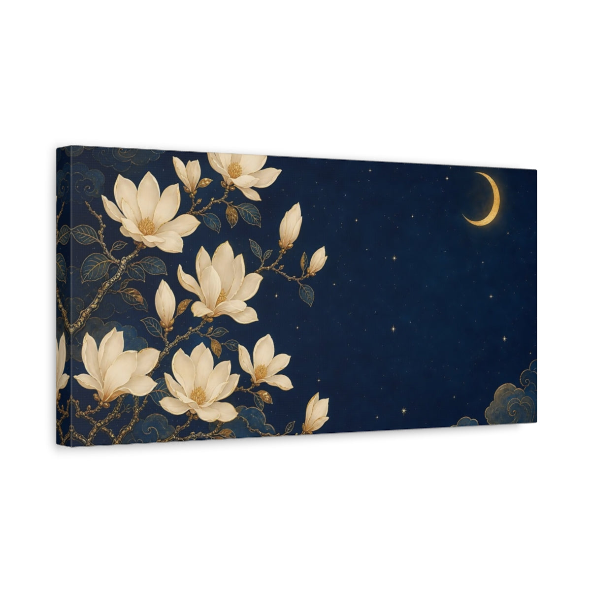Side Mockup 3. Fairytale Magnolias Blue And Gold shown as stretched canvas wall art