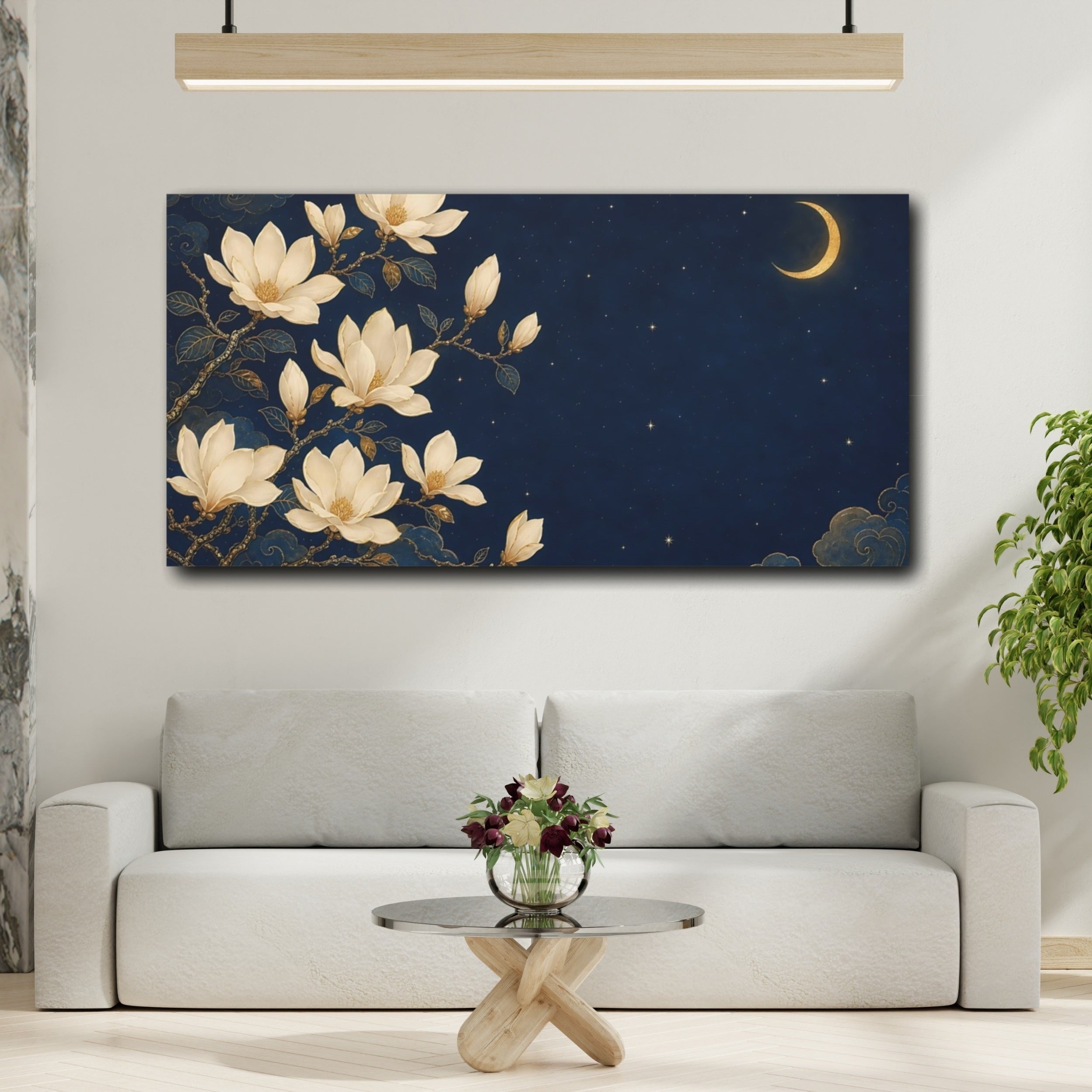 Mockup 2. Fairytale Magnolias Blue And Gold shown as stretched canvas wall art