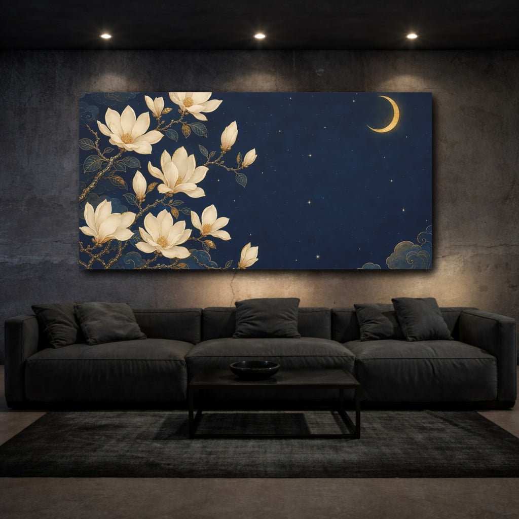 Mockup 3. Fairytale Magnolias Blue And Gold shown as stretched canvas wall art
