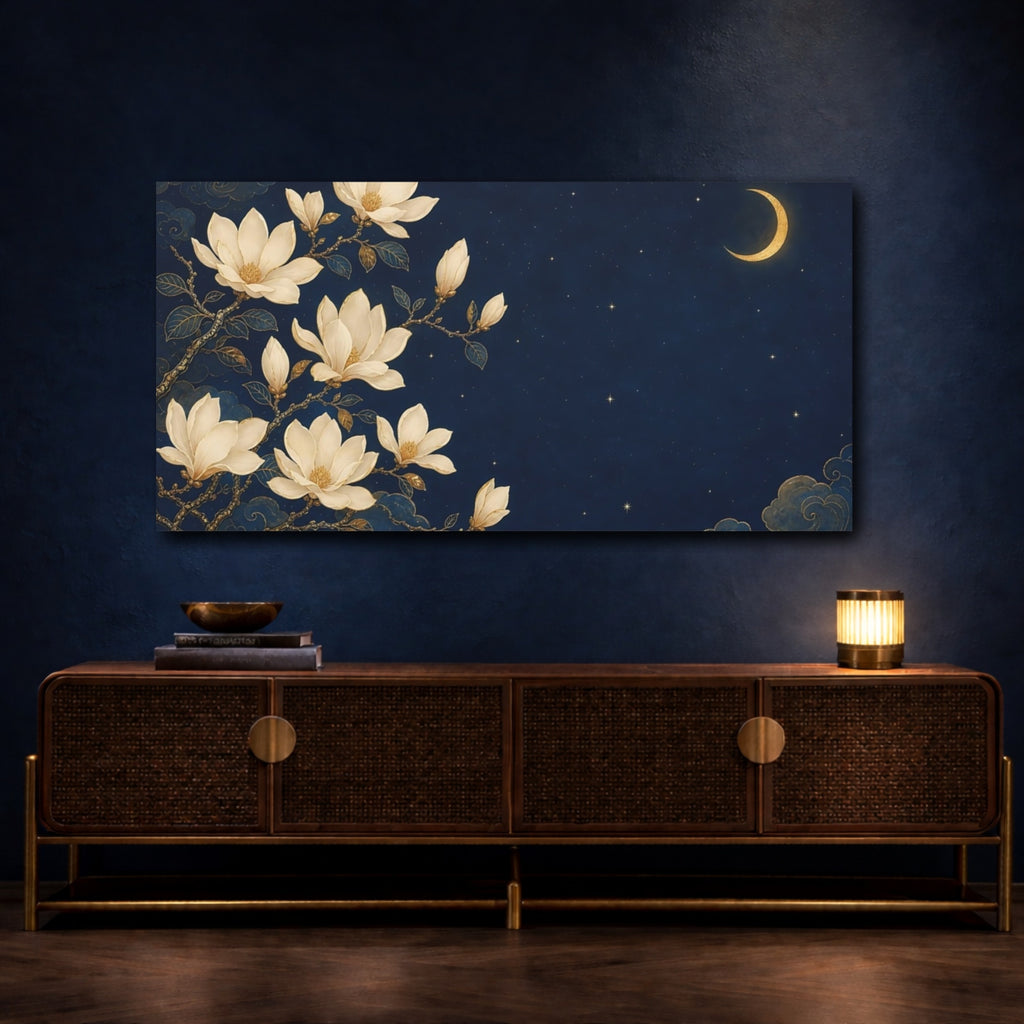 Mockup 4. Fairytale Magnolias Blue And Gold shown as stretched canvas wall art