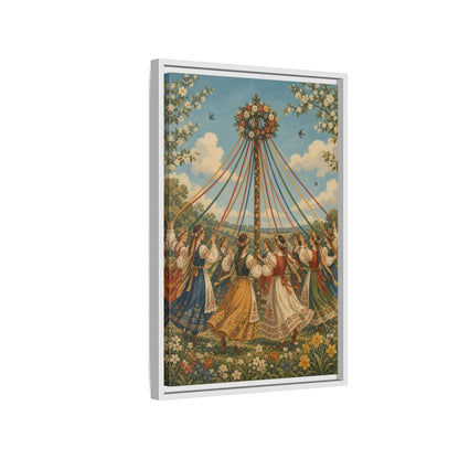 Side Mockup 1. Fairytale Maypole Dancers Colorful Maypole shown as framed canvas print
