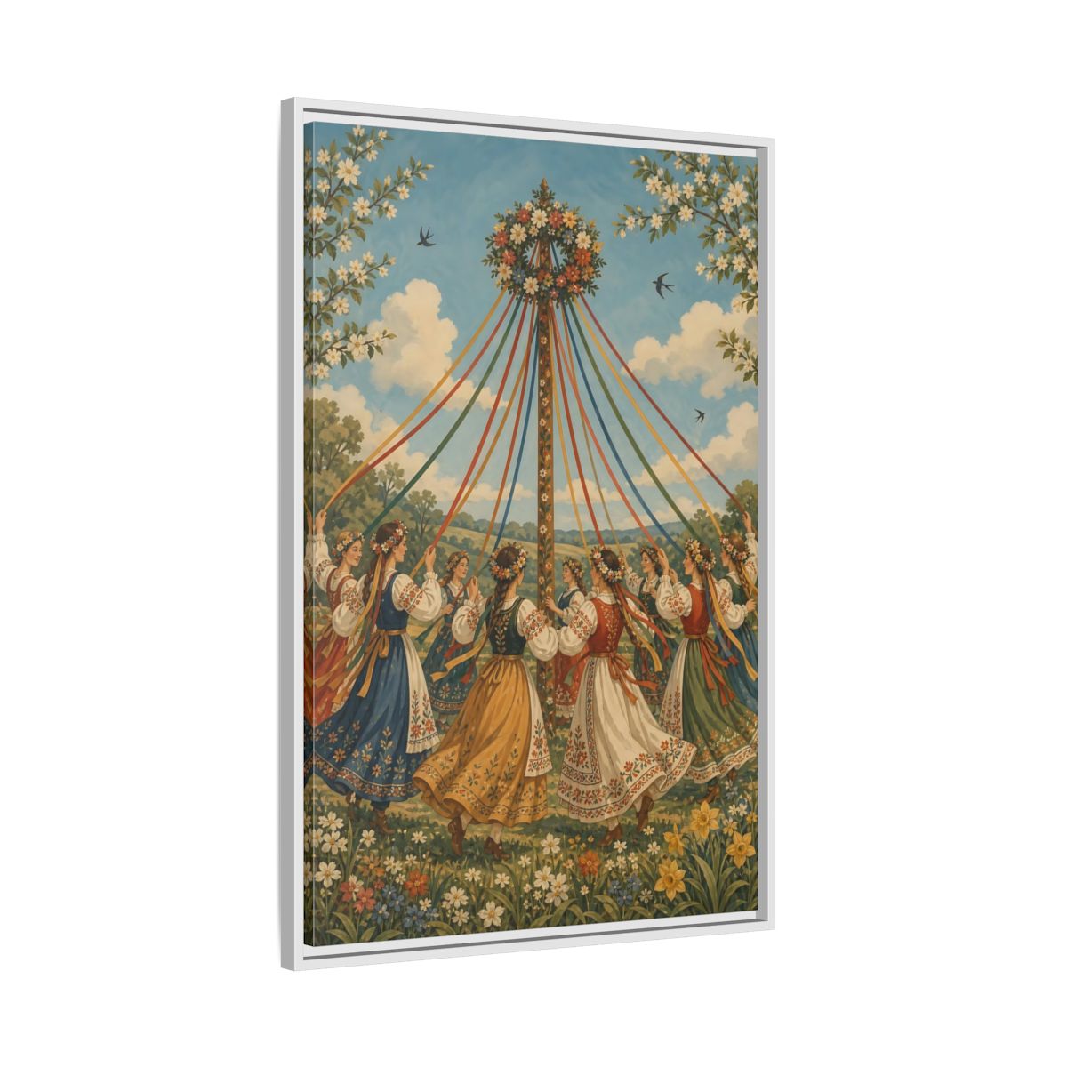 Side Mockup 9. Fairytale Maypole Dancers Colorful Maypole shown as framed canvas print