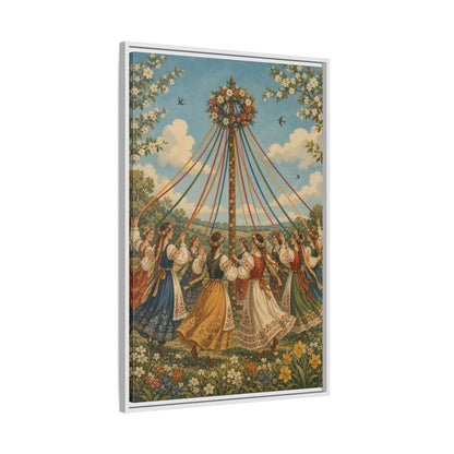 Side Mockup 9. Fairytale Maypole Dancers Colorful Maypole shown as framed canvas print