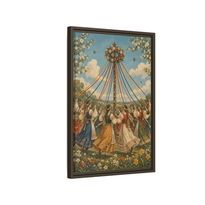 Side Mockup 2. Fairytale Maypole Dancers Colorful Maypole shown as framed canvas print