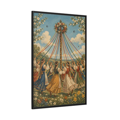 Side Mockup 12. Fairytale Maypole Dancers Colorful Maypole shown as framed canvas print