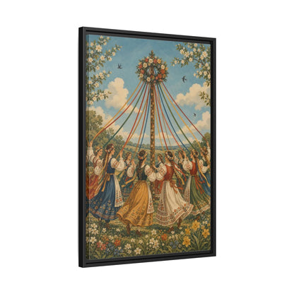 Side Mockup 14. Fairytale Maypole Dancers Colorful Maypole shown as framed canvas print