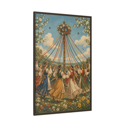 Side Mockup 8. Fairytale Maypole Dancers Colorful Maypole shown as framed canvas print
