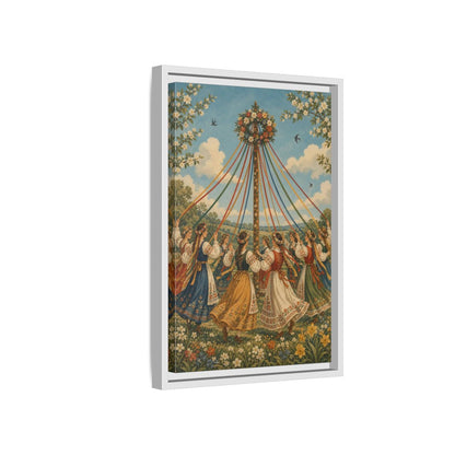 Side Mockup 4. Fairytale Maypole Dancers Colorful Maypole shown as framed canvas print