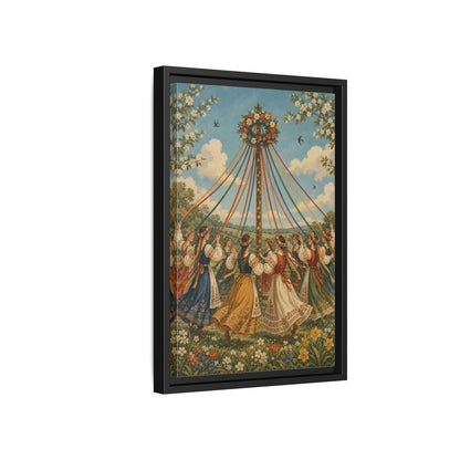 Side Mockup 6. Fairytale Maypole Dancers Colorful Maypole shown as framed canvas print