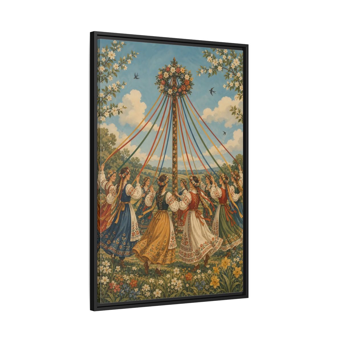 Side Mockup 13. Fairytale Maypole Dancers Colorful Maypole shown as framed canvas print