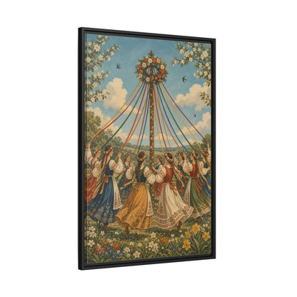 Side Mockup 13. Fairytale Maypole Dancers Colorful Maypole shown as framed canvas print