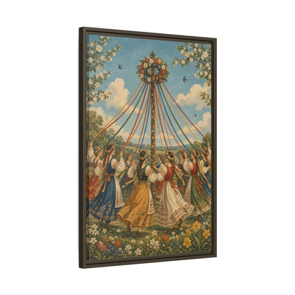 Side Mockup 11. Fairytale Maypole Dancers Colorful Maypole shown as framed canvas print
