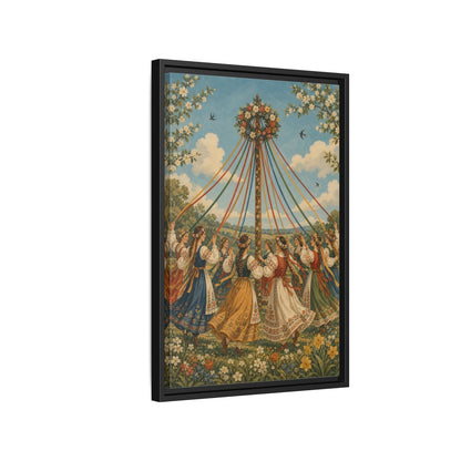 Side Mockup 3. Fairytale Maypole Dancers Colorful Maypole shown as framed canvas print