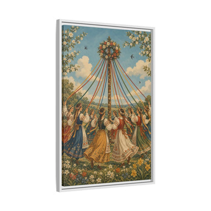 Side Mockup 10. Fairytale Maypole Dancers Colorful Maypole shown as framed canvas print