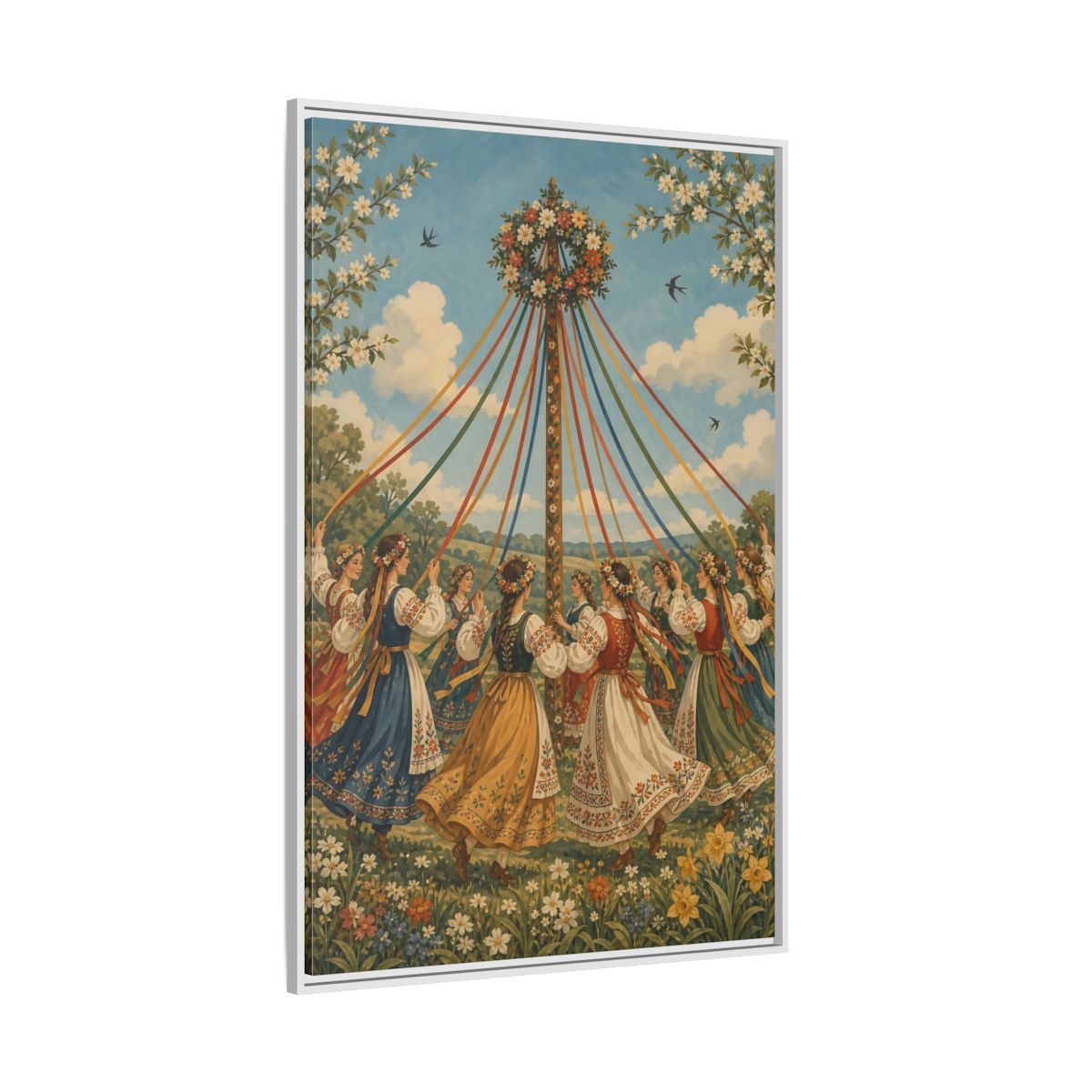 Side Mockup 7. Fairytale Maypole Dancers Colorful Maypole shown as framed canvas print