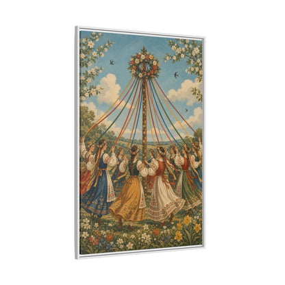 Side Mockup 7. Fairytale Maypole Dancers Colorful Maypole shown as framed canvas print