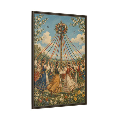 Main Mockup. Fairytale Maypole Dancers Colorful Maypole shown as framed canvas print