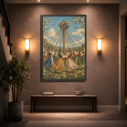 Mockup 2. Fairytale Maypole Dancers Colorful Maypole shown as framed canvas print