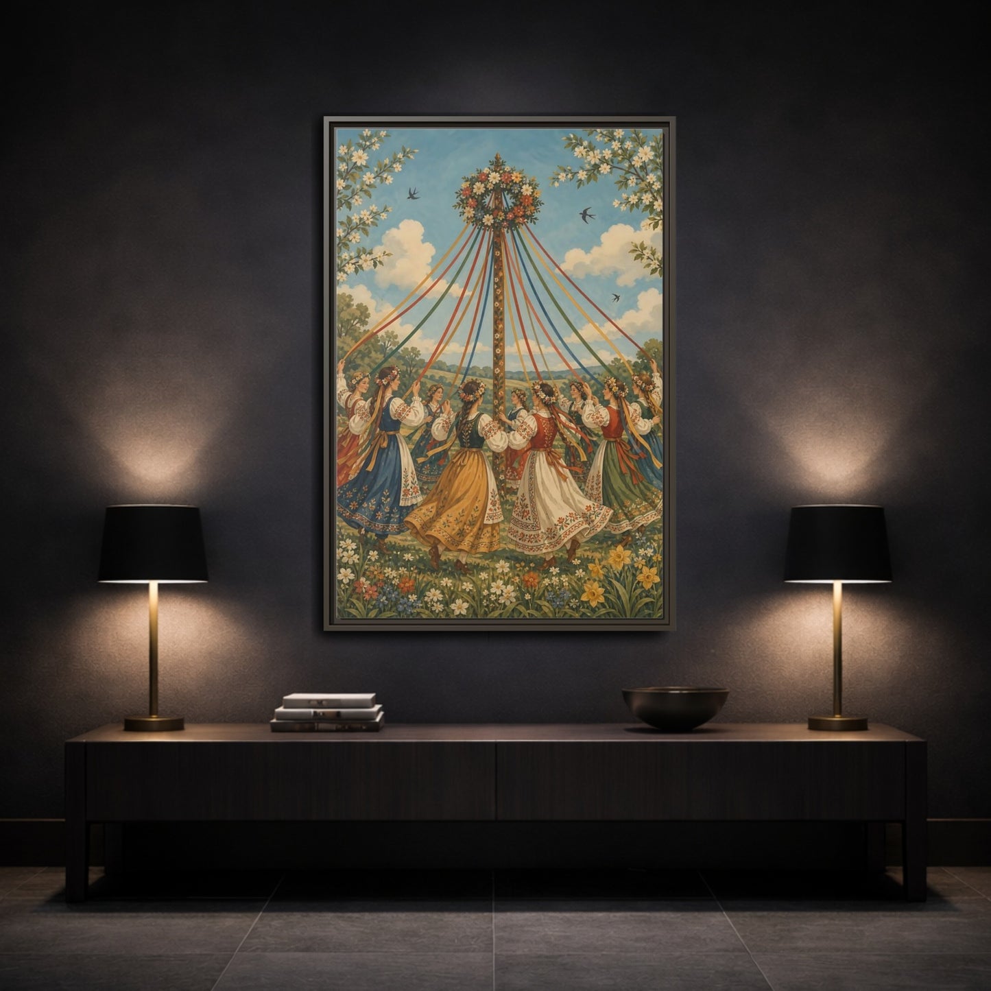 Mockup 3. Fairytale Maypole Dancers Colorful Maypole shown as framed canvas print