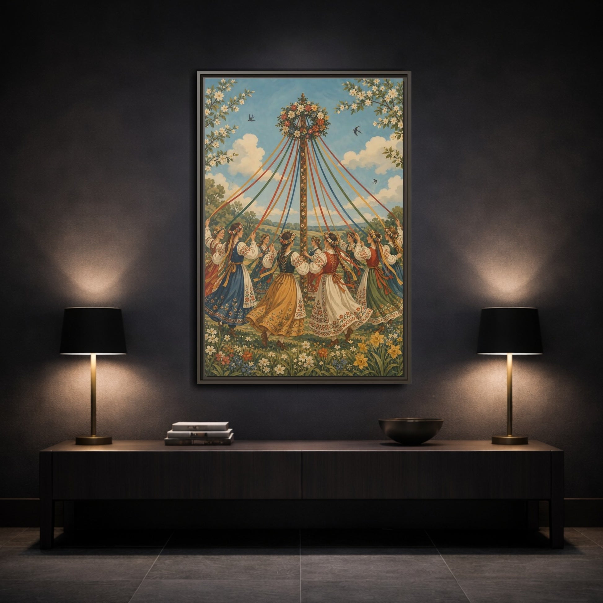 Mockup 3. Fairytale Maypole Dancers Colorful Maypole shown as framed canvas print