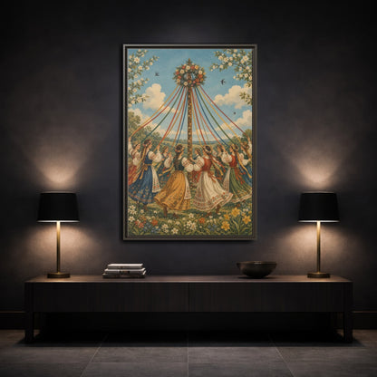 Mockup 3. Fairytale Maypole Dancers Colorful Maypole shown as framed canvas print