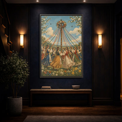 Mockup 4. Fairytale Maypole Dancers Colorful Maypole shown as framed canvas print