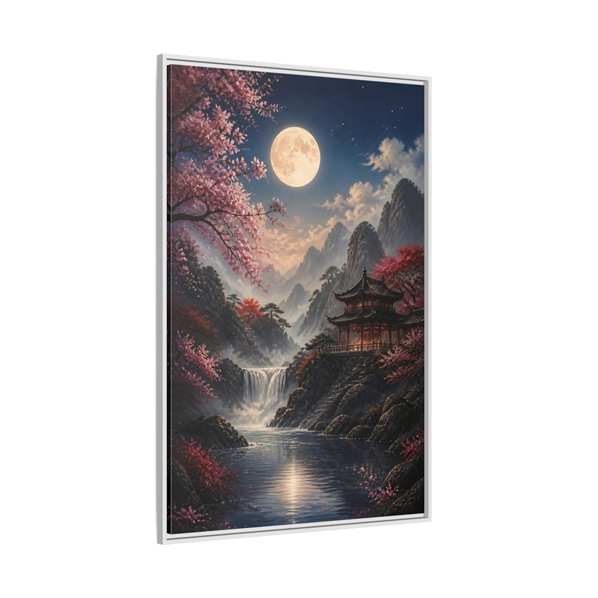 Fairytale Pagoda Pink Mountain Framed Canvas Wall Art - Living Room, Above Couch shown as canvas wall art