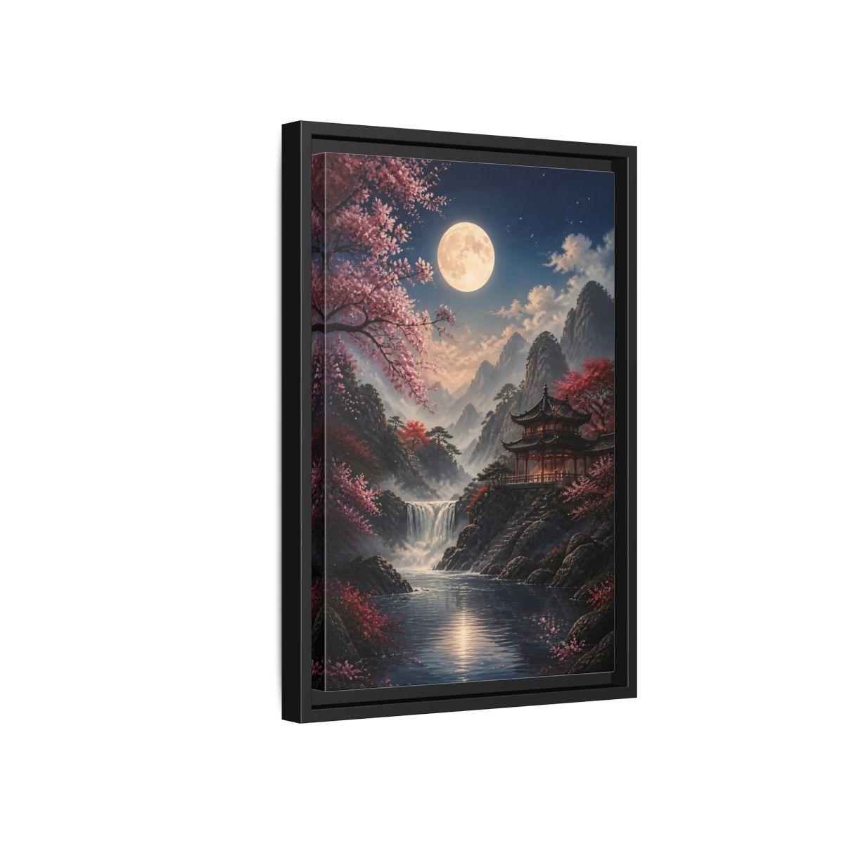 Fairytale Pagoda Pink Mountain Framed Canvas Wall Art - Living Room, Above Couch shown as canvas wall art