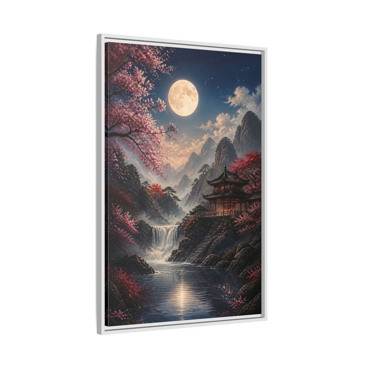 Fairytale Pagoda Pink Mountain Framed Canvas Wall Art - Living Room, Above Couch shown as canvas wall art