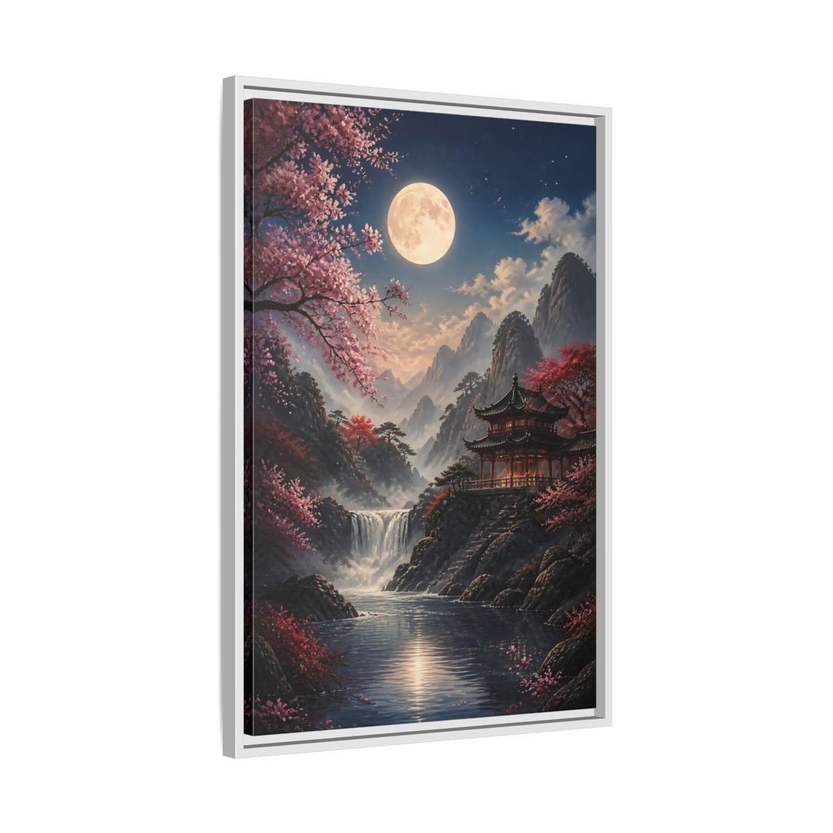 Fairytale Pagoda Pink Mountain Framed Canvas Wall Art - Living Room, Above Couch shown as canvas wall art