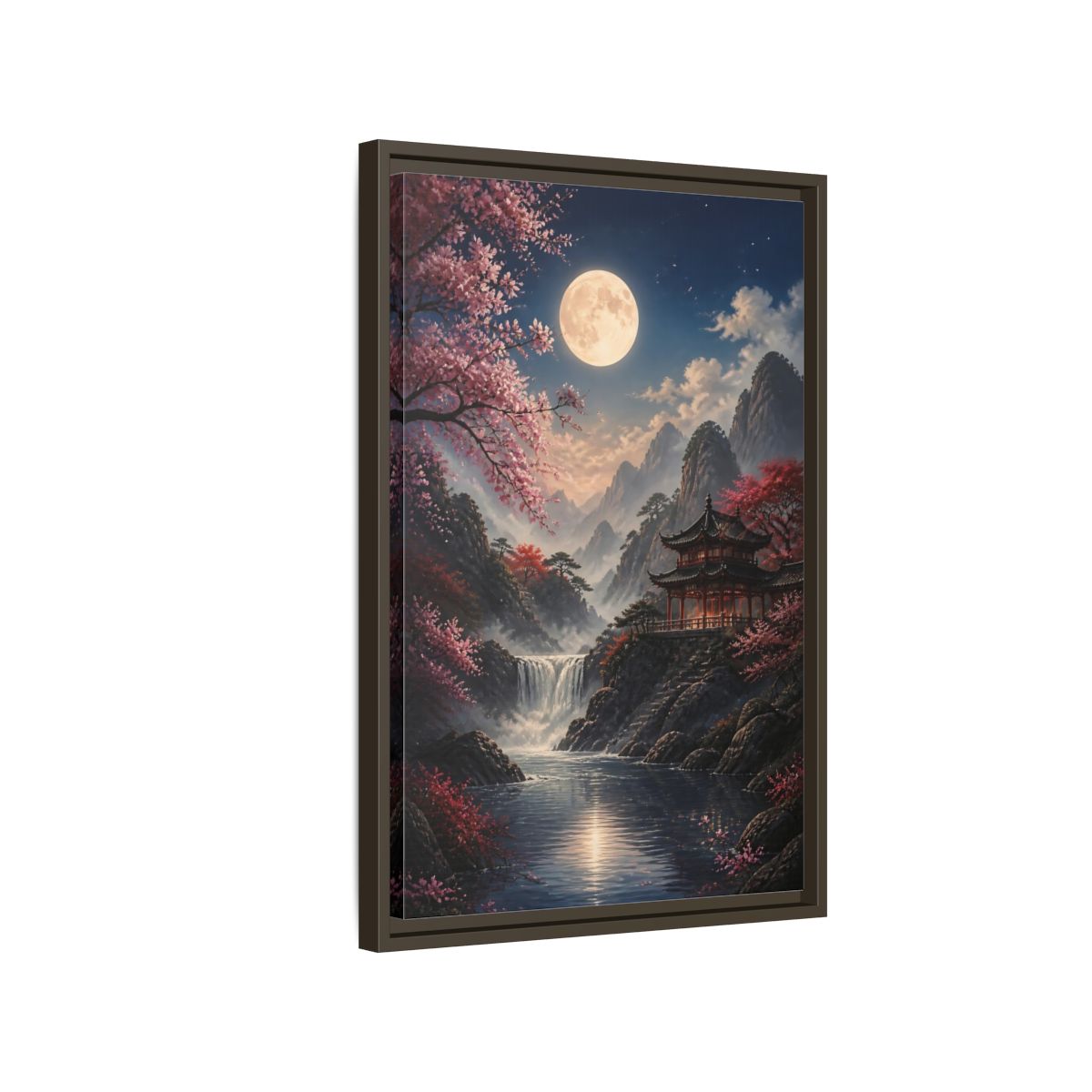 Fairytale Pagoda Pink Mountain Framed Canvas Wall Art - Living Room, Above Couch shown as canvas wall art
