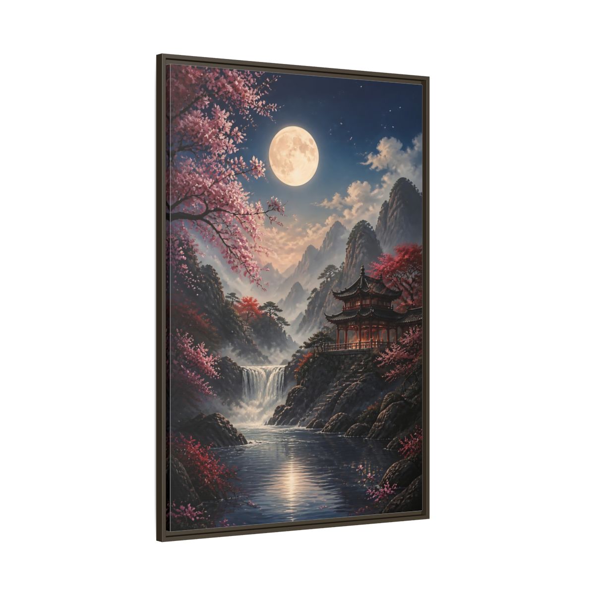 Fairytale Pagoda Pink Mountain Framed Canvas Wall Art - Living Room, Above Couch shown as canvas wall art