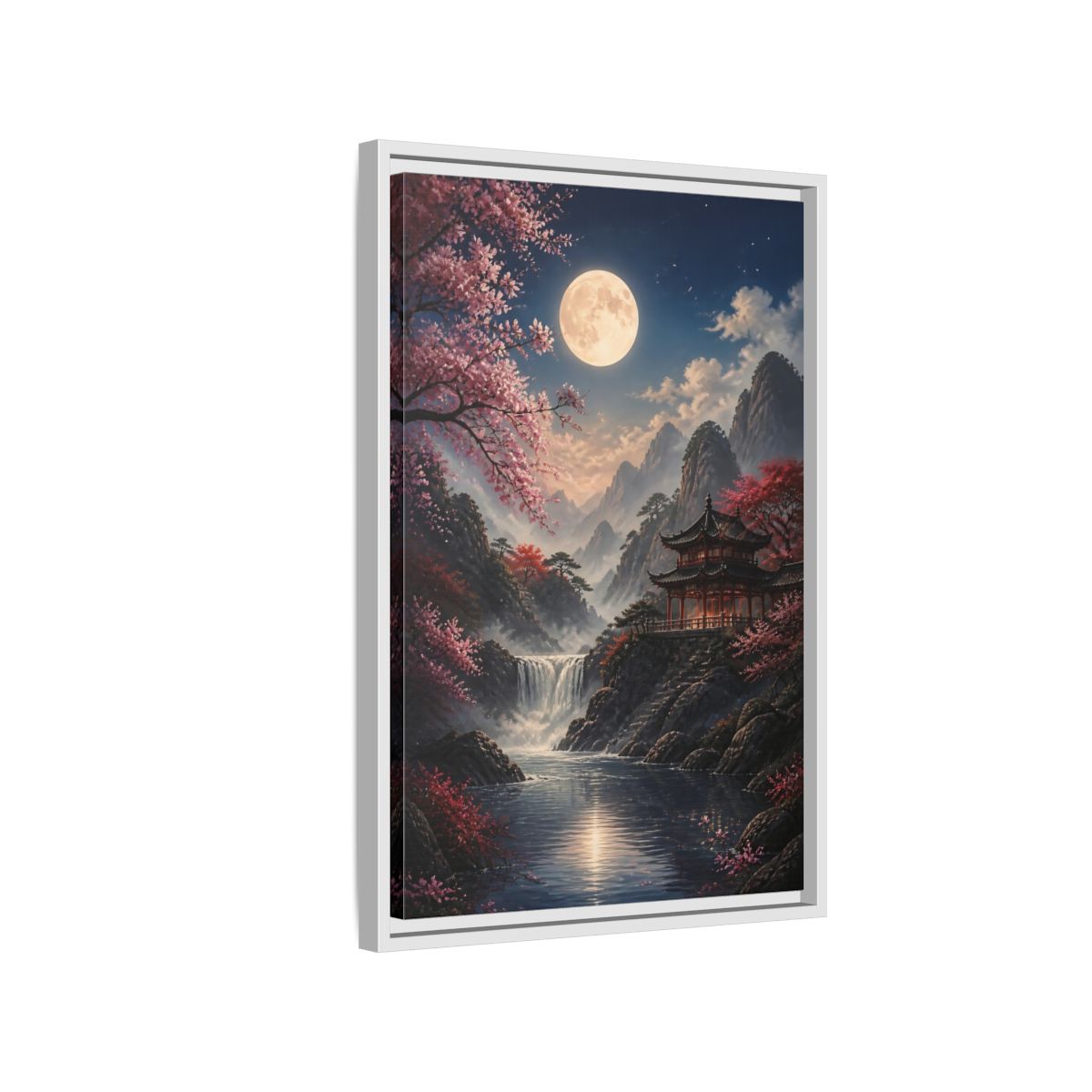 Fairytale Pagoda Pink Mountain Framed Canvas Wall Art - Living Room, Above Couch shown as canvas wall art