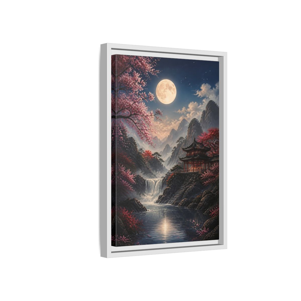 Fairytale Pagoda Pink Mountain Framed Canvas Wall Art - Living Room, Above Couch shown as canvas wall art