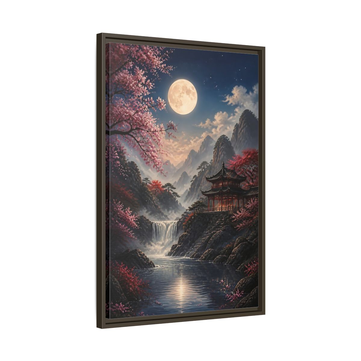 Fairytale Pagoda Pink Mountain Framed Canvas Wall Art - Living Room, Above Couch shown as canvas wall art