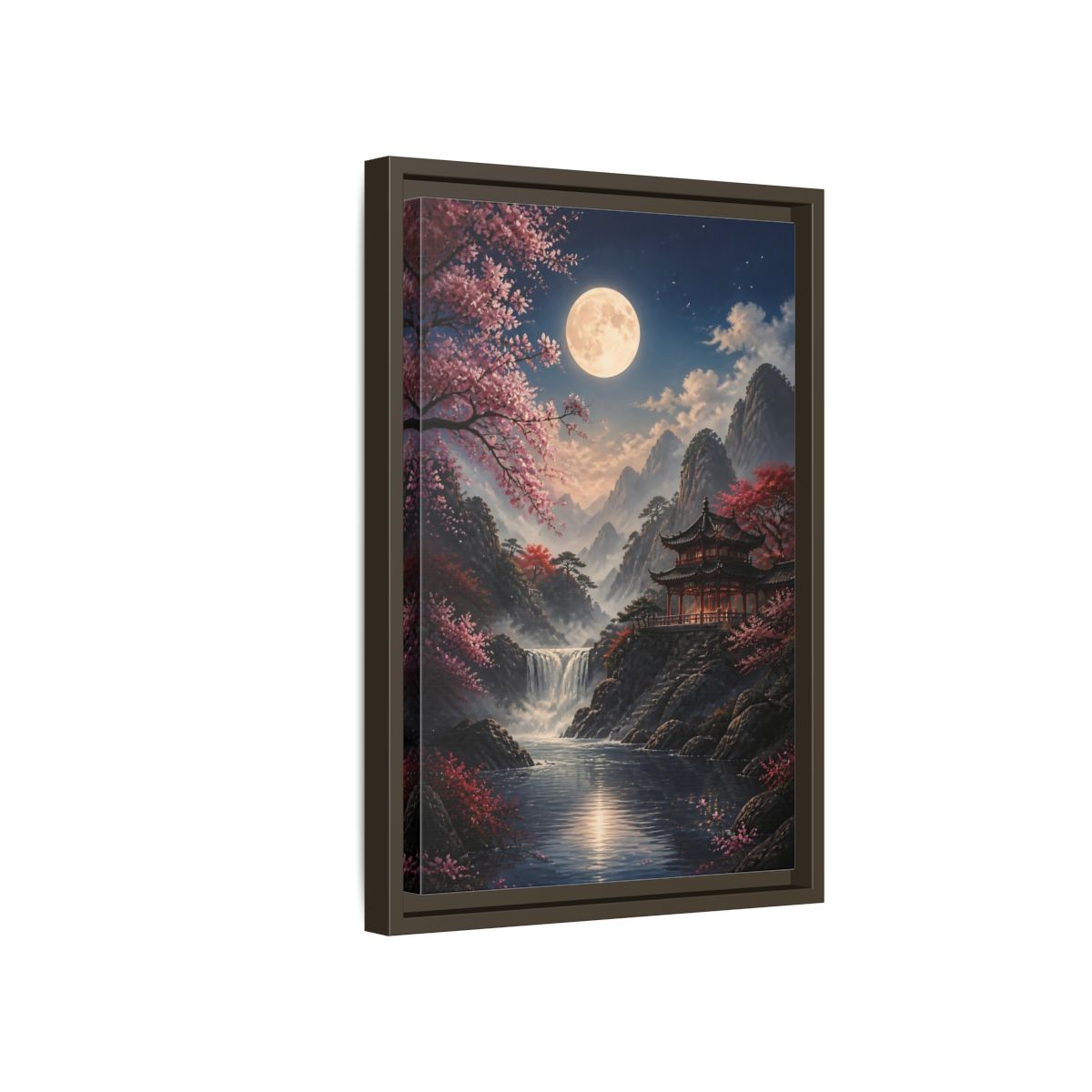 Fairytale Pagoda Pink Mountain Framed Canvas Wall Art - Living Room, Above Couch shown as canvas wall art
