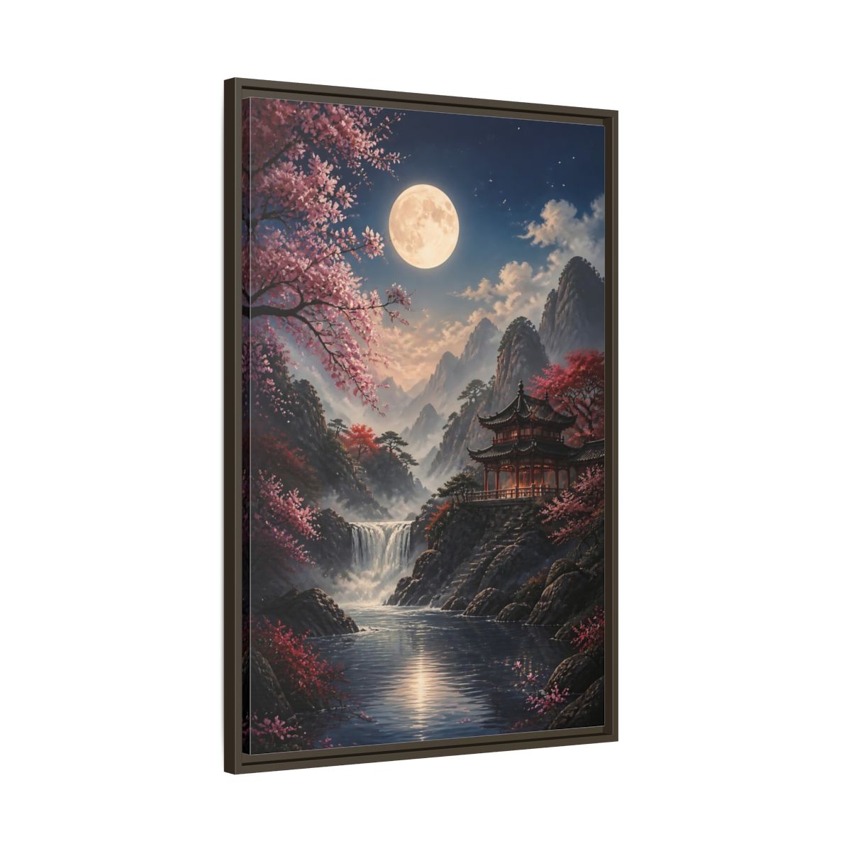 Fairytale Pagoda Pink Mountain Framed Canvas Wall Art - Living Room, Above Couch shown as canvas wall art