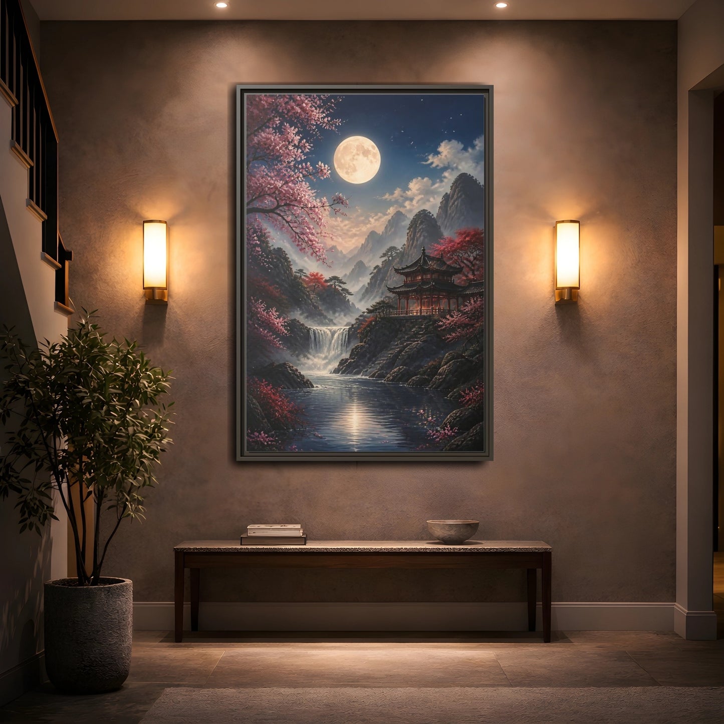 Fairytale Pagoda Pink Mountain Framed Canvas Wall Art - Living Room, Above Couch shown as canvas wall art