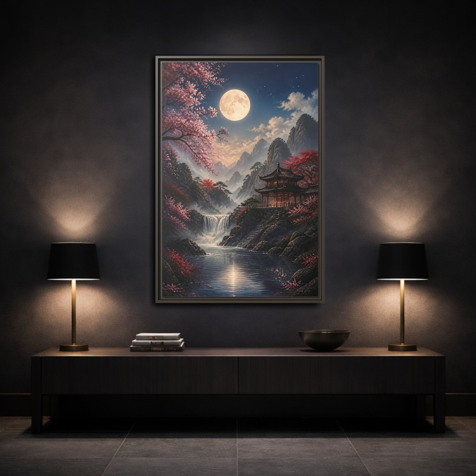 Fairytale Pagoda Pink Mountain Framed Canvas Wall Art - Living Room, Above Couch shown as canvas wall art