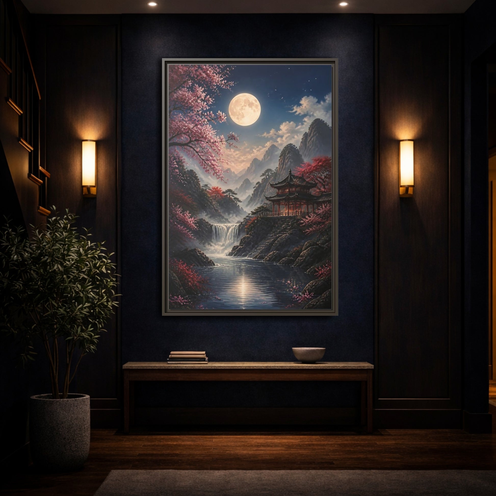 Fairytale Pagoda Pink Mountain Framed Canvas Wall Art - Living Room, Above Couch shown as canvas wall art