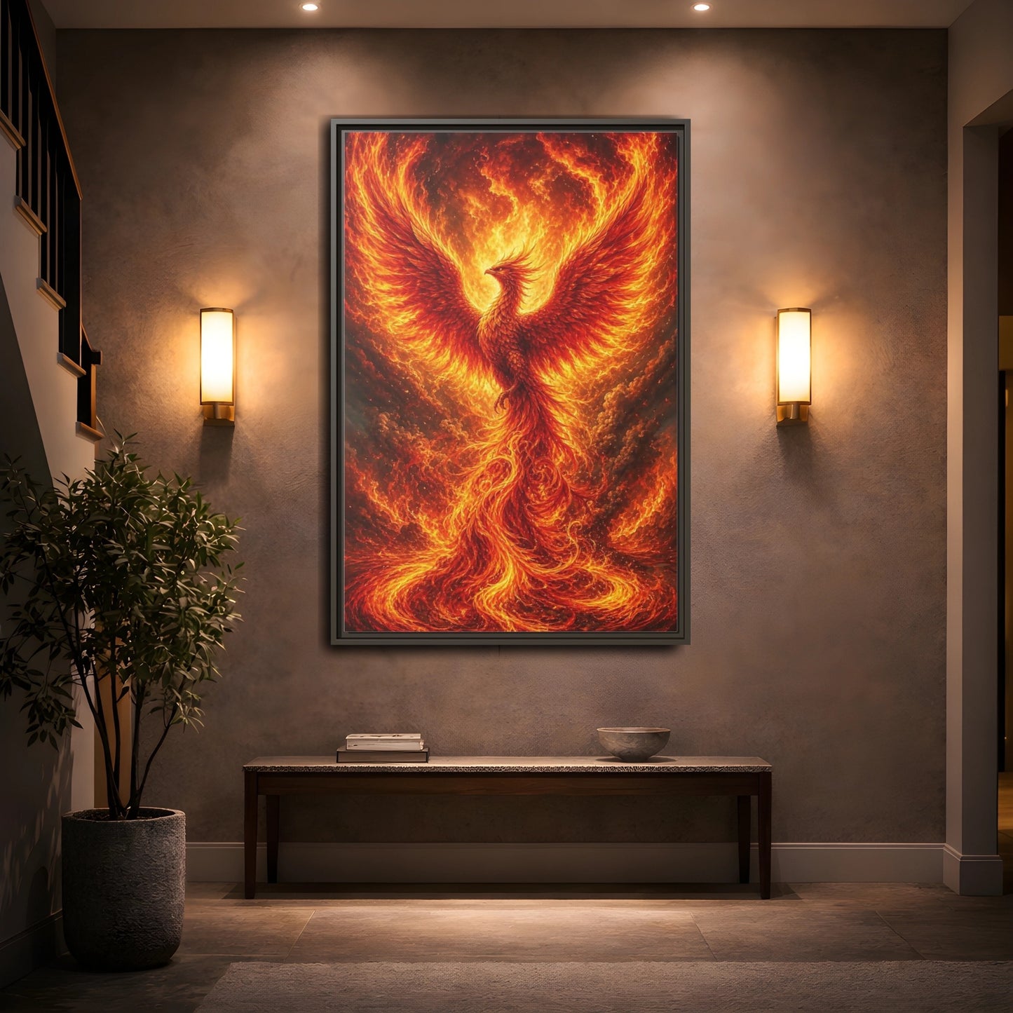 Mockup 2. Fairytale Phoenix Fiery Phoenix shown as stretched canvas wall art